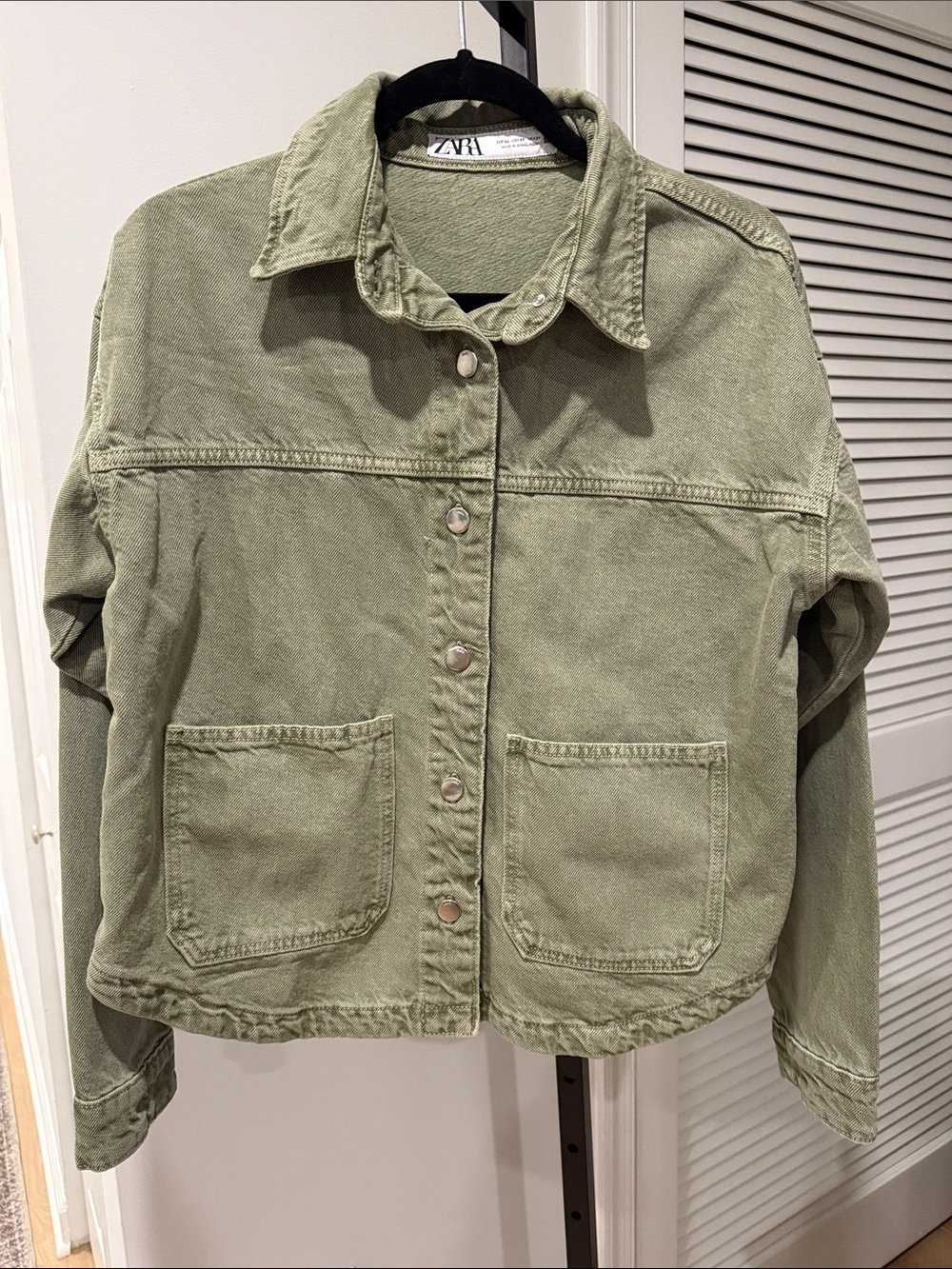 Zara Oversized Cropped Denim Jacket | Sage Green | Utility Style